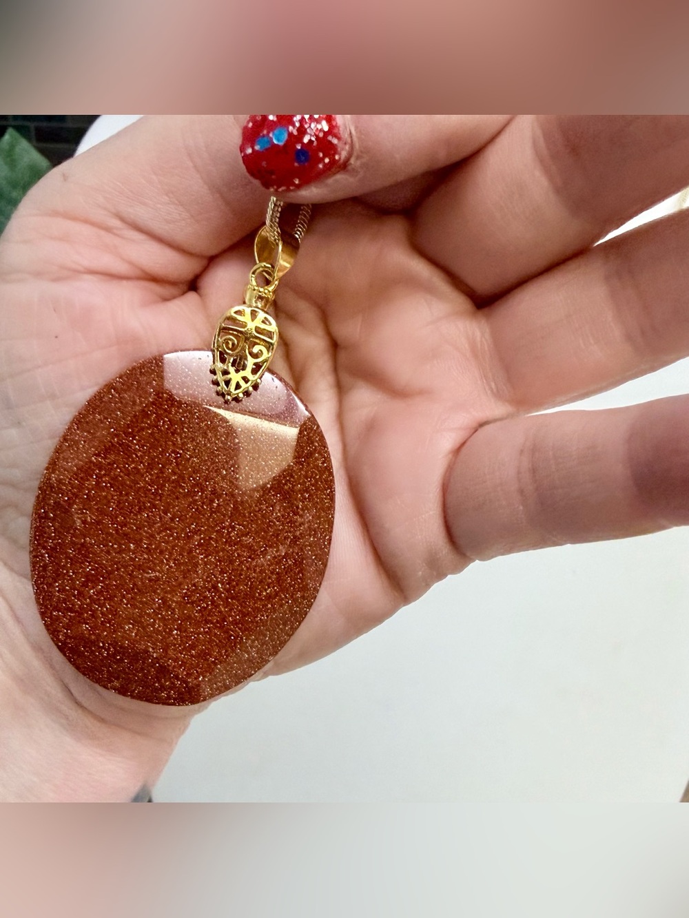 Hand crafted Goldstone Pendant Necklace Sparkling Statement Jewelry - Picture 3 of 4